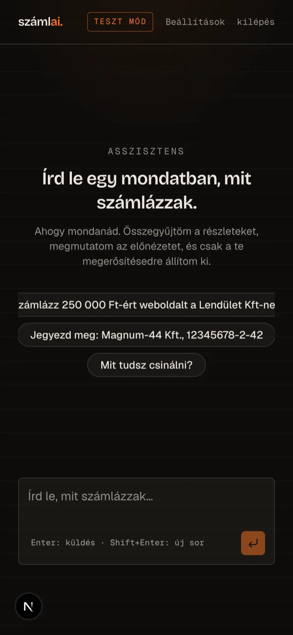 A titkar.ai asszisztens felülete: egy mondat, néhány példa, teszt mód