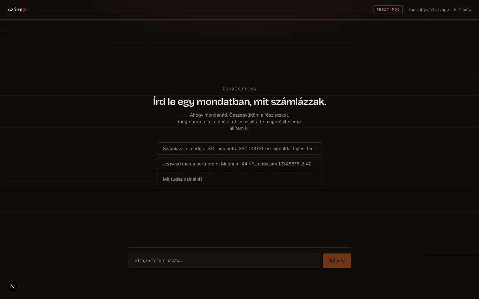 A titkar.ai asszisztens felülete: egy mondat, néhány példa, teszt mód