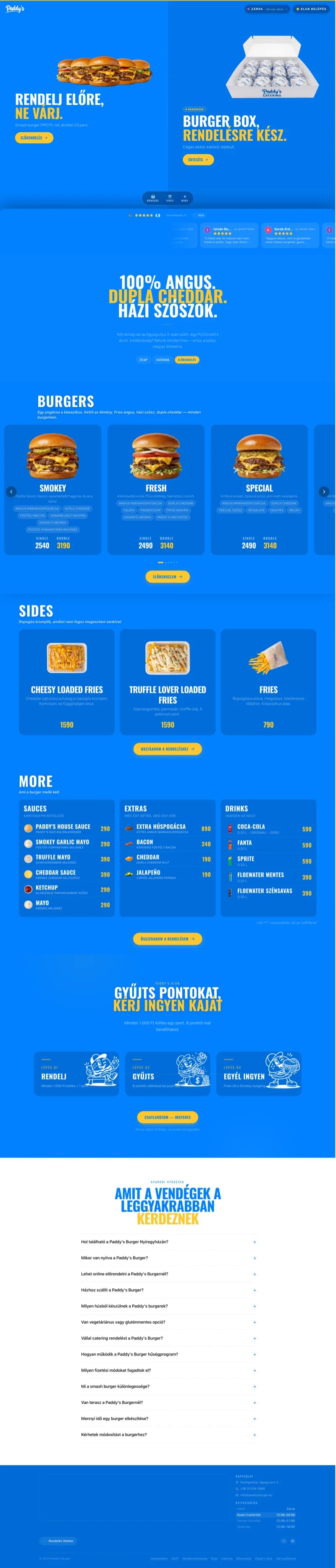 A Paddy's Burger weboldal és előrendelő platform nyitóképe